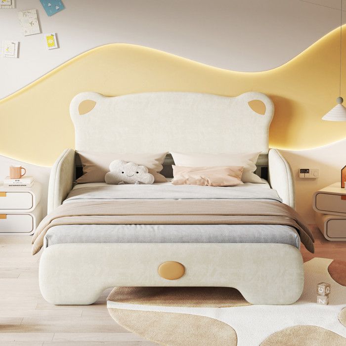 Lit enfant rembourré 140x200cm en velours - lit gigogne avec tête de lit en forme dours et sommier à lattes - Beige Lit enfant rembourré 140x200cm en velours - lit gigogne avec tête de lit en forme dours et sommier à lattes - Beige